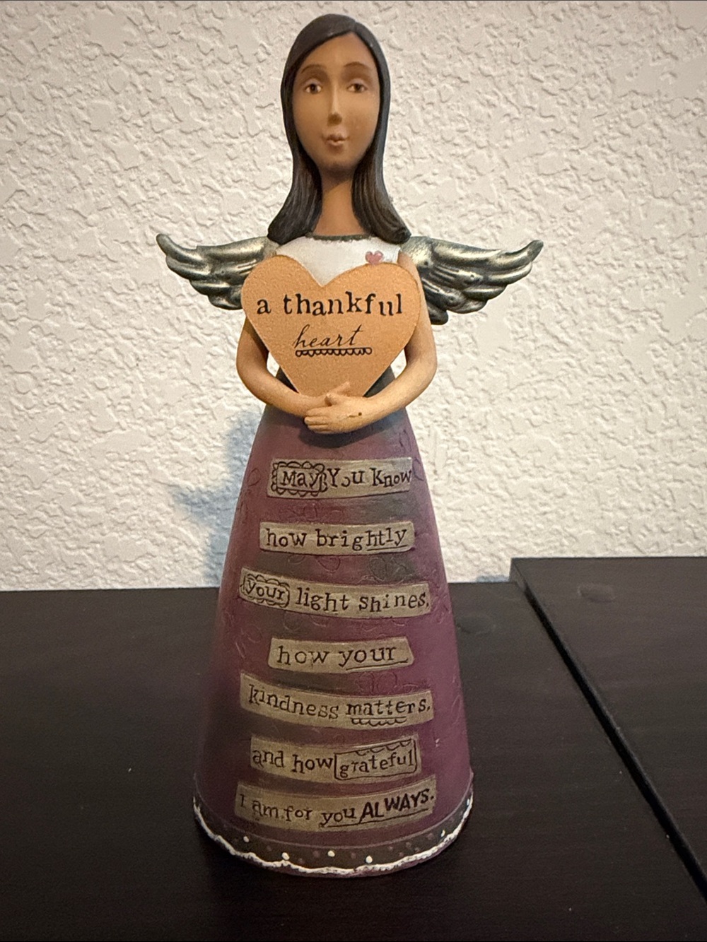Angel Figurine Holding Heart "a thankful heart" - Purple, Gold, Cream